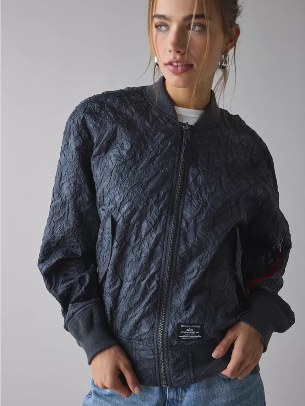 Alpha Industries Textured Bomber Jacket Black Cropped XS